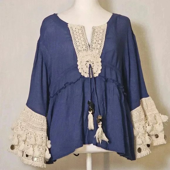 Raga Anthropologie Blouse SZ L w Crochet - Coin Accent Bell Sleeves Boho Style - Picture 1 of 14